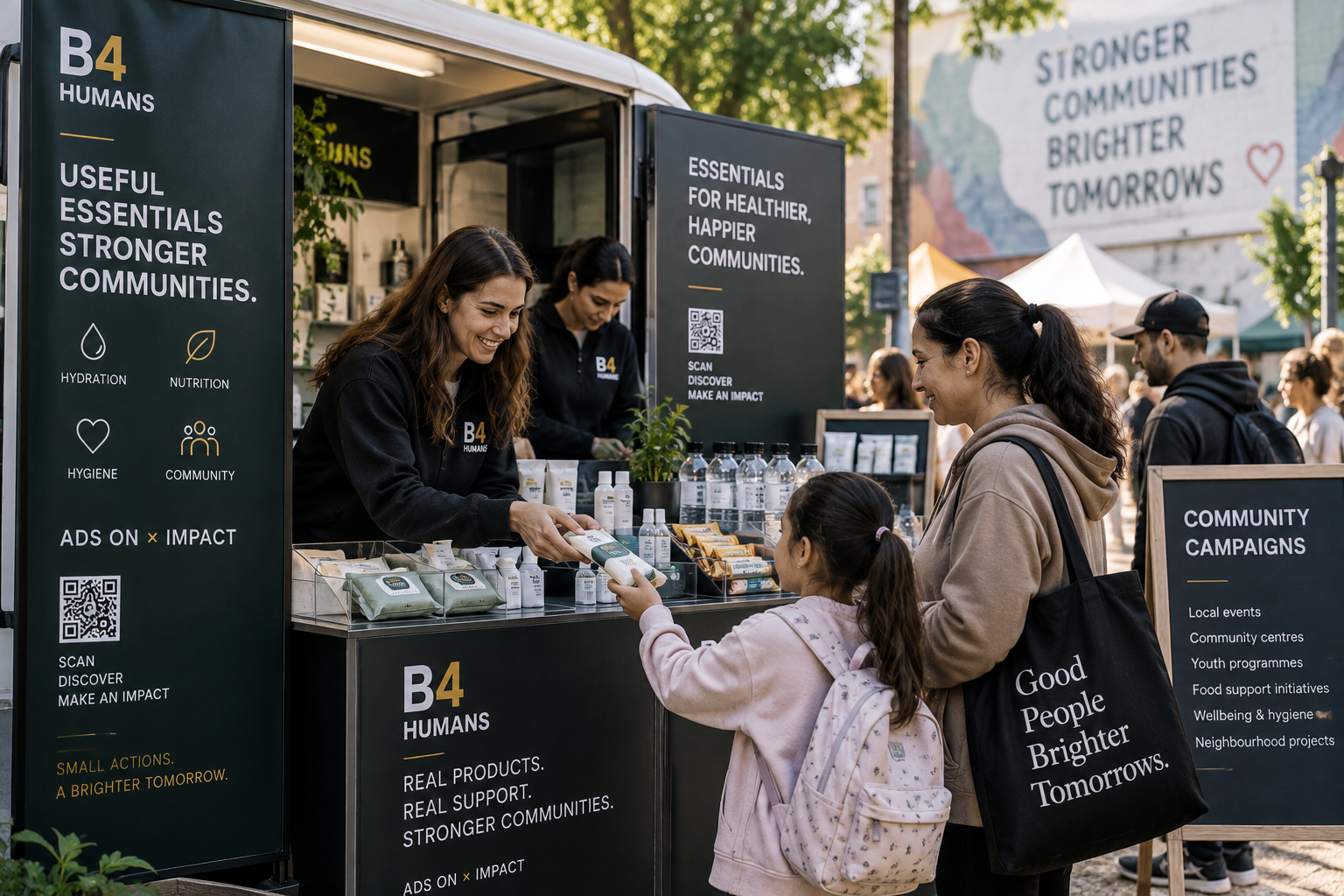 Illustrative B4HUMANS community campaign — useful essentials activation